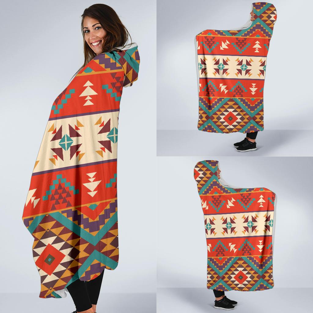Aztec Red Print Pattern Hooded Blanket-JTAMIGO.COM