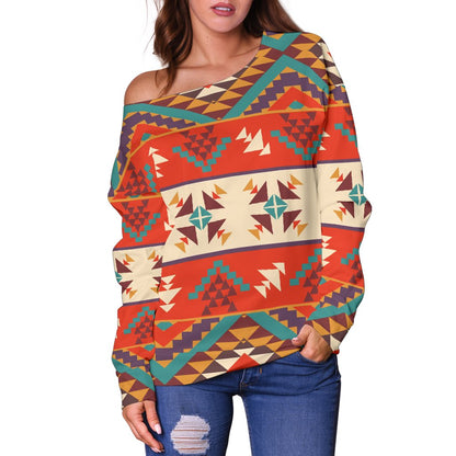Aztec Red Print Pattern Off Shoulder Sweatshirt