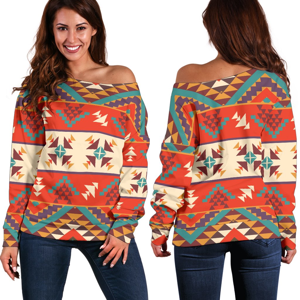 Aztec Red Print Pattern Off Shoulder Sweatshirt