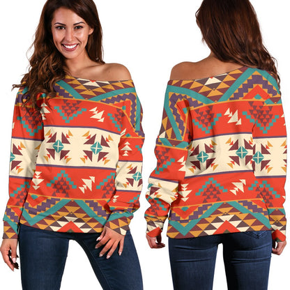 Aztec Red Print Pattern Off Shoulder Sweatshirt