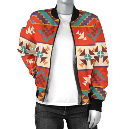 Aztec Red Print Pattern Women Casual Bomber Jacket