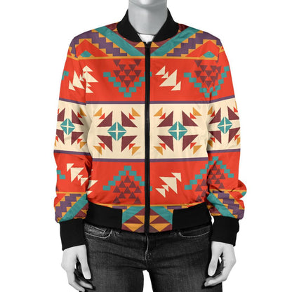 Aztec Red Print Pattern Women Casual Bomber Jacket