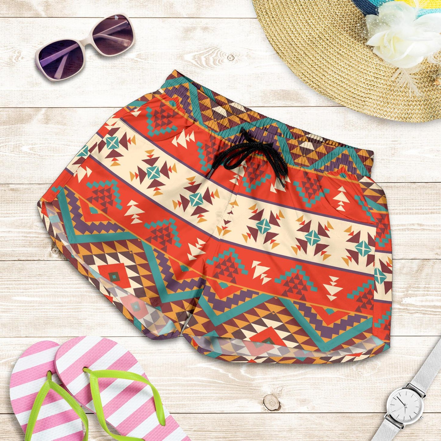 Aztec Red Print Pattern Women Shorts-JTAMIGO.COM