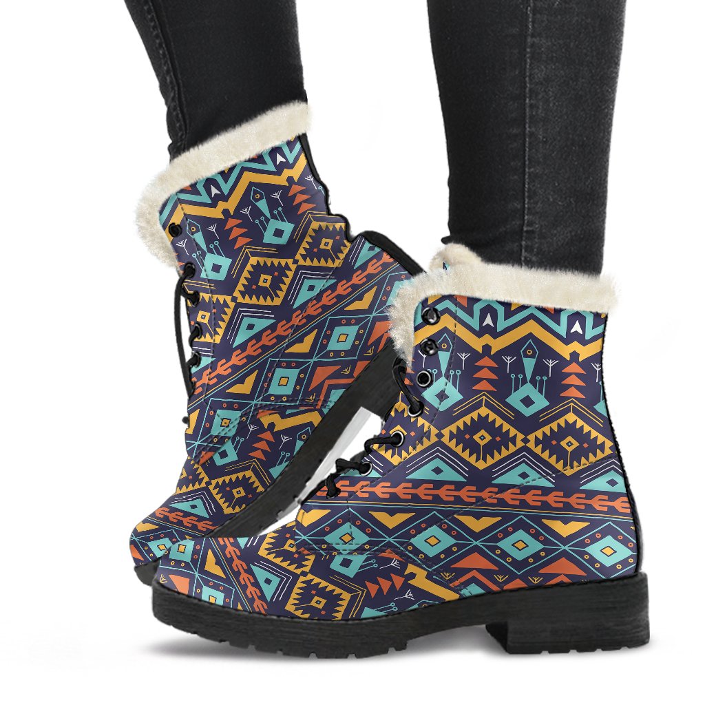 Aztec Style Print Pattern Faux Fur Leather Boots-JTAMIGO.COM