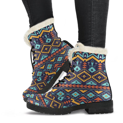 Aztec Style Print Pattern Faux Fur Leather Boots-JTAMIGO.COM