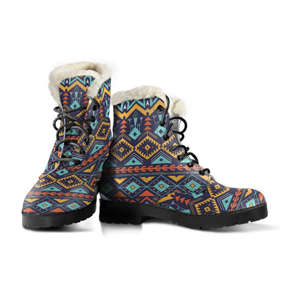 Aztec Style Print Pattern Faux Fur Leather Boots-JTAMIGO.COM