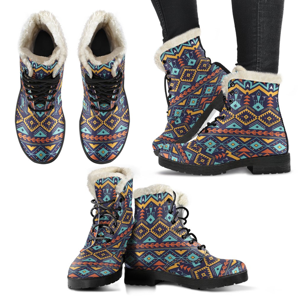 Aztec Style Print Pattern Faux Fur Leather Boots-JTAMIGO.COM