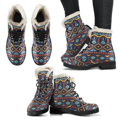 Aztec Style Print Pattern Faux Fur Leather Boots-JTAMIGO.COM