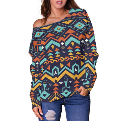 Aztec Style Print Pattern Off Shoulder Sweatshirt