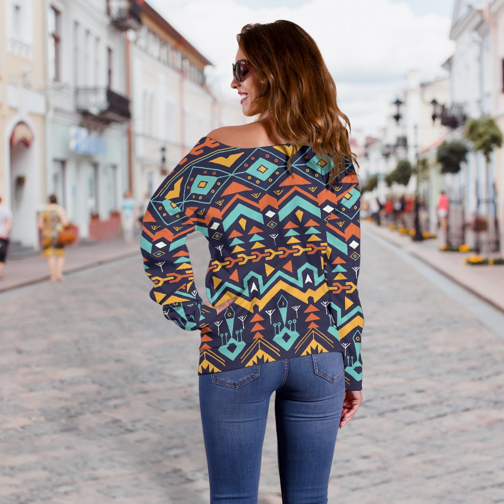 Aztec Style Print Pattern Off Shoulder Sweatshirt