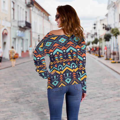Aztec Style Print Pattern Off Shoulder Sweatshirt