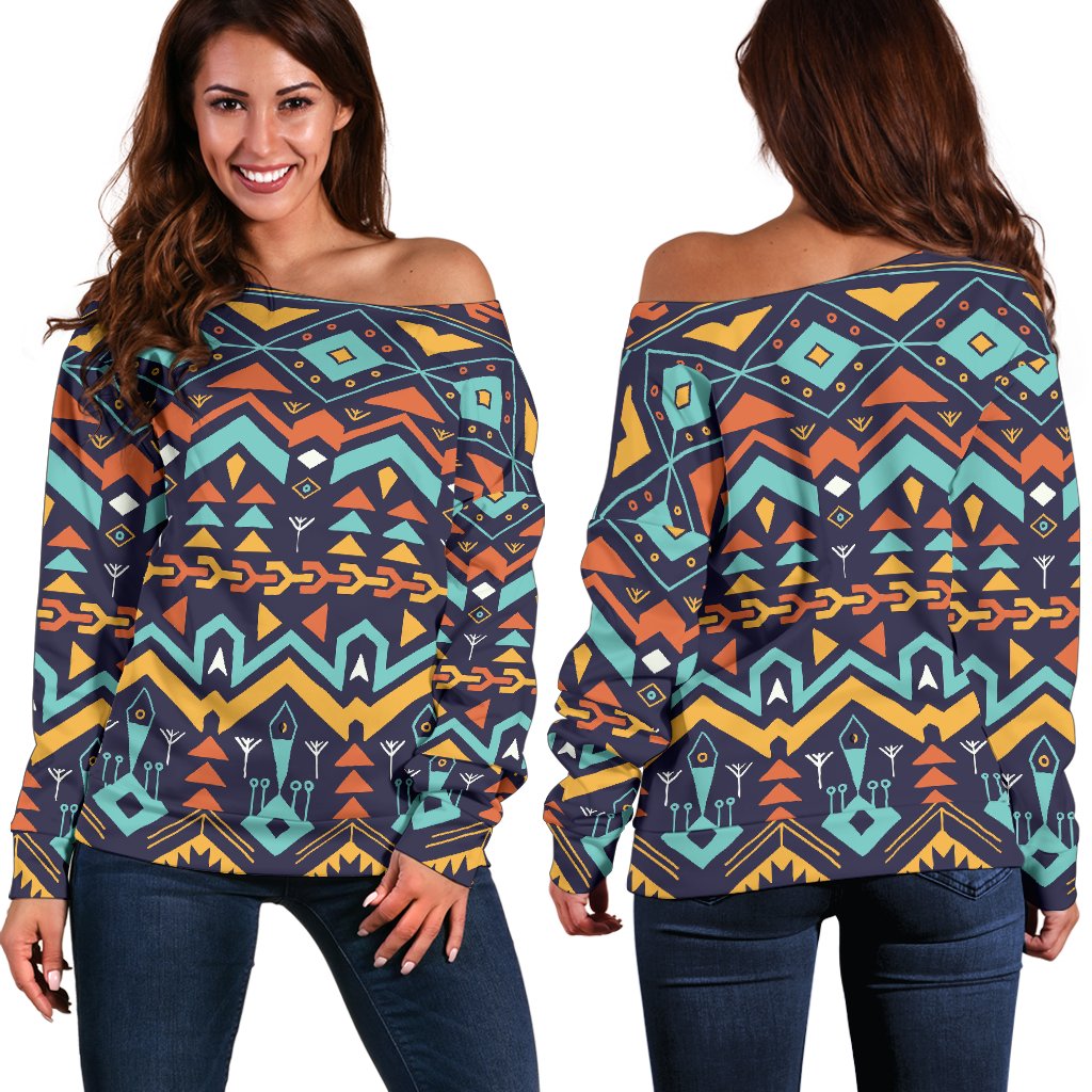Aztec Style Print Pattern Off Shoulder Sweatshirt