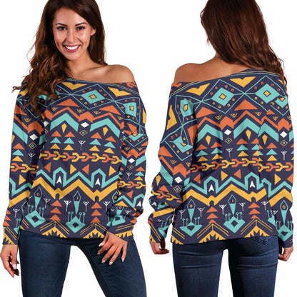 Aztec Style Print Pattern Off Shoulder Sweatshirt