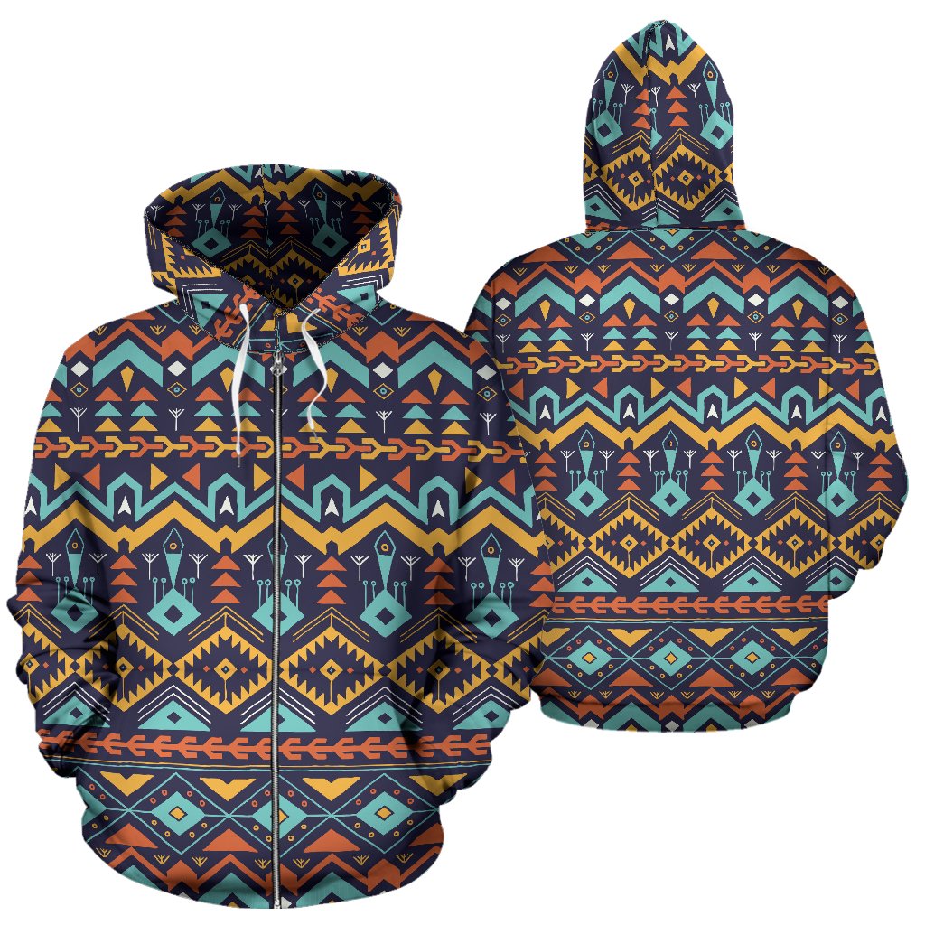 Aztec Style Print Pattern Zip Up Hoodie