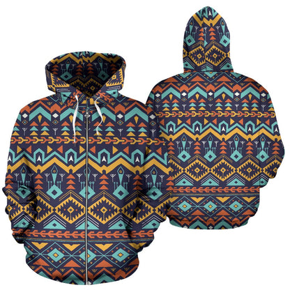 Aztec Style Print Pattern Zip Up Hoodie