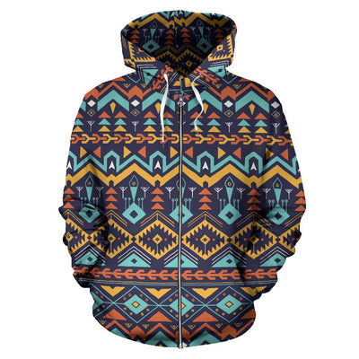 Aztec Style Print Pattern Zip Up Hoodie
