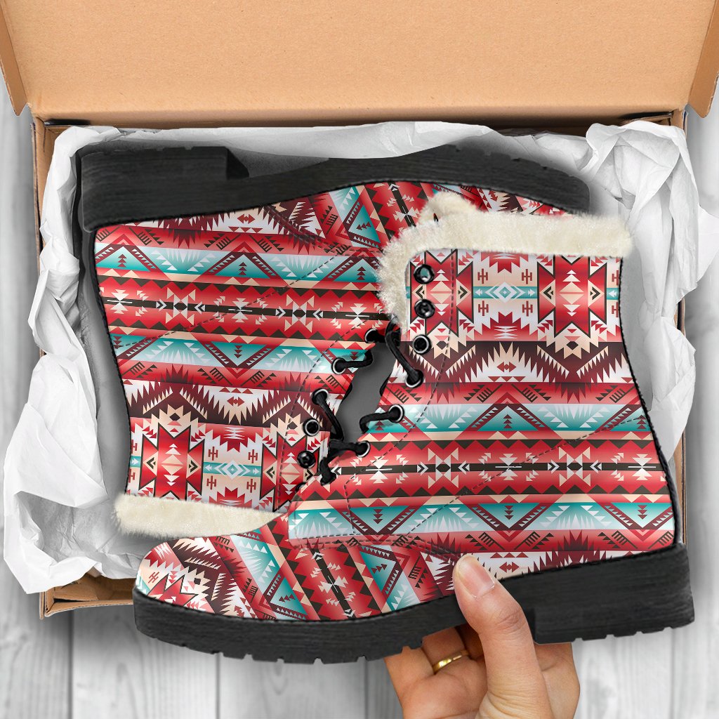 Aztec Western Style Print Pattern Faux Fur Leather Boots-JTAMIGO.COM