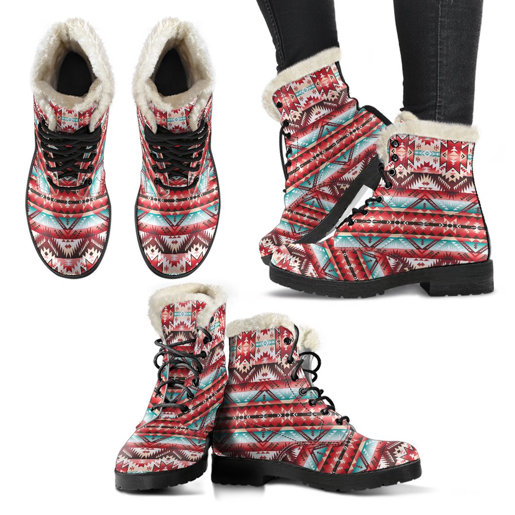 Aztec Western Style Print Pattern Faux Fur Leather Boots-JTAMIGO.COM