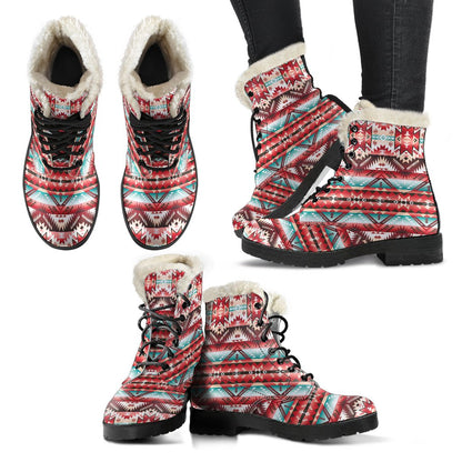 Aztec Western Style Print Pattern Faux Fur Leather Boots-JTAMIGO.COM