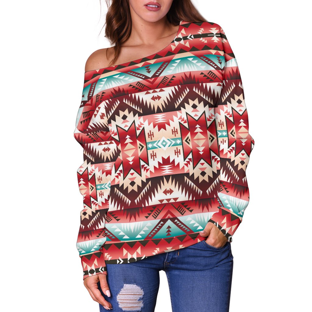Aztec Western Style Print Pattern Off Shoulder Sweatshirt
