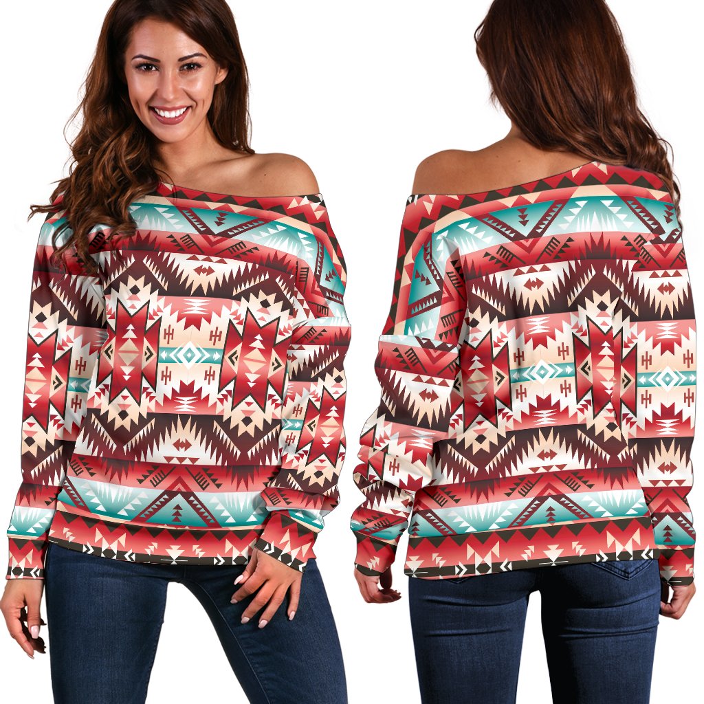 Aztec Western Style Print Pattern Off Shoulder Sweatshirt