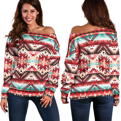 Aztec Western Style Print Pattern Off Shoulder Sweatshirt