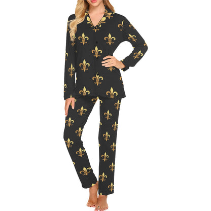 Fleur De Lis Gold Pattern Print Design 03 Women's Long Pajama Set