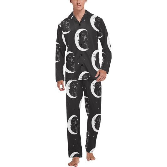 Moon with Cat Pattern Print Design 04 Men's Long Pajama Set