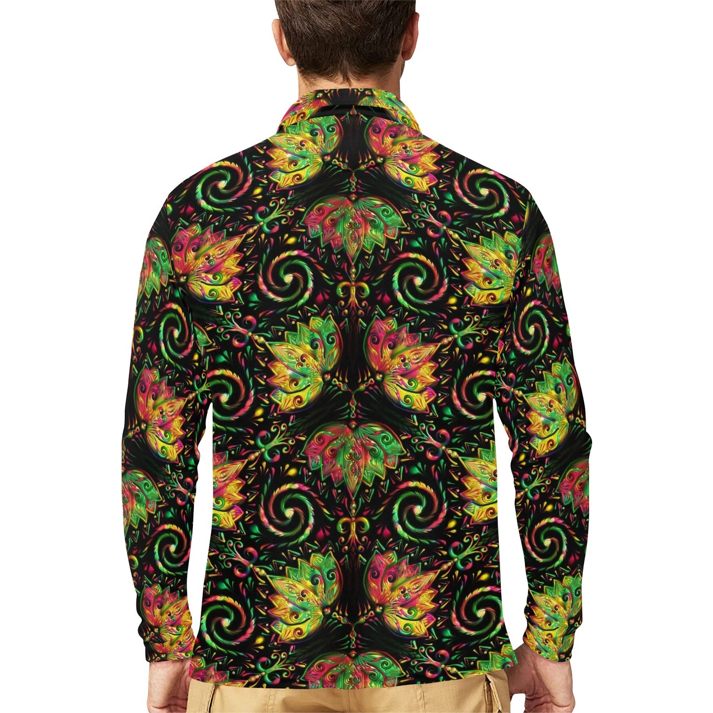 lotus Boho Pattern Print Design LO09 Long Sleeve Polo Shirt For Men's
