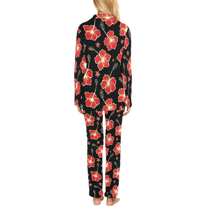 Red Hibiscus Pattern Print Design HB021 Women's Long Pajama Set