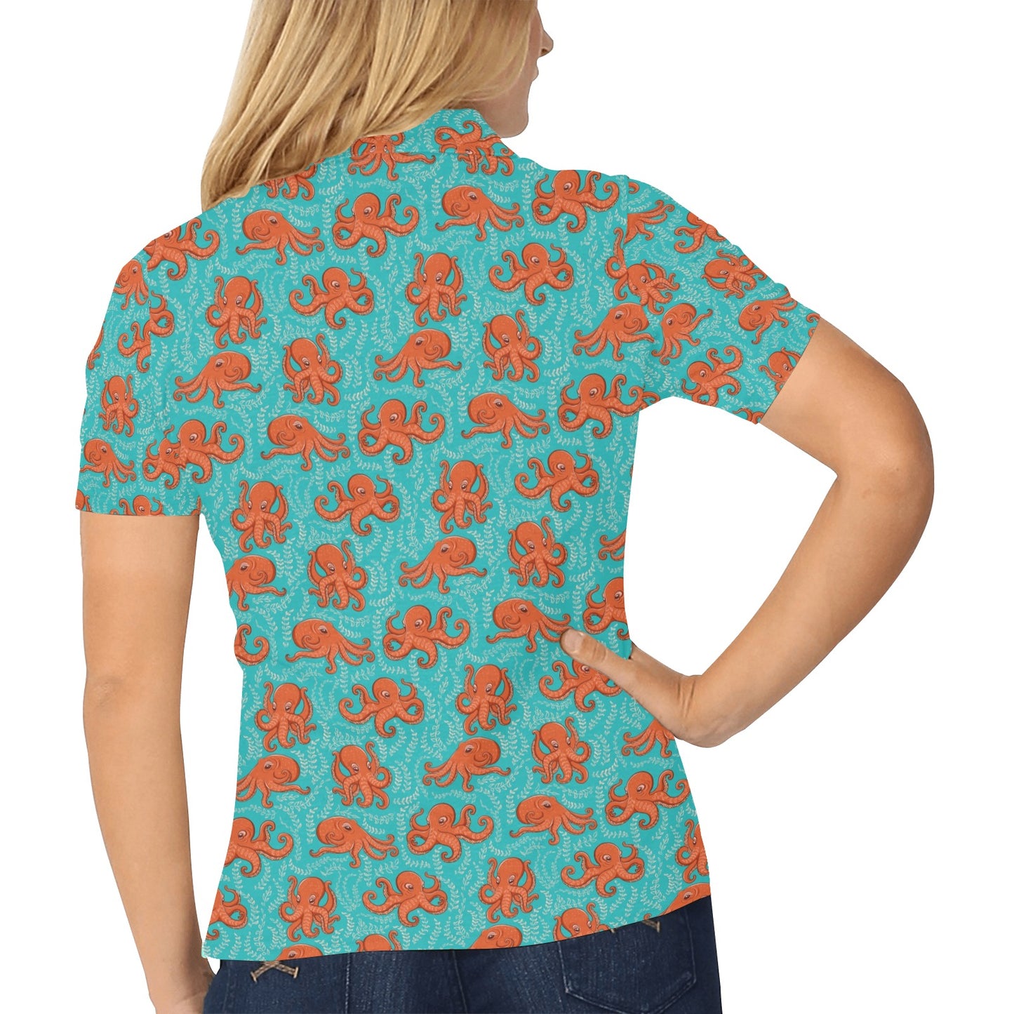 Octopus Cartoon Design Print Themed Women's Polo Shirt