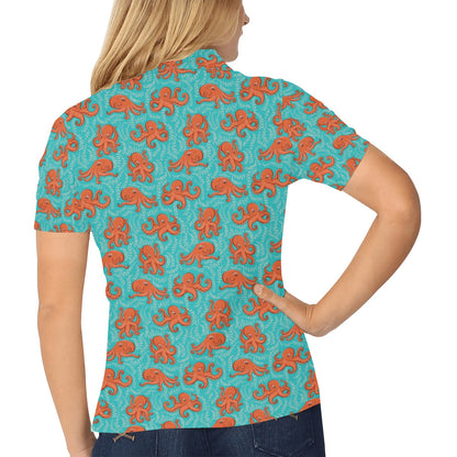 Octopus Cartoon Design Print Themed Women's Polo Shirt