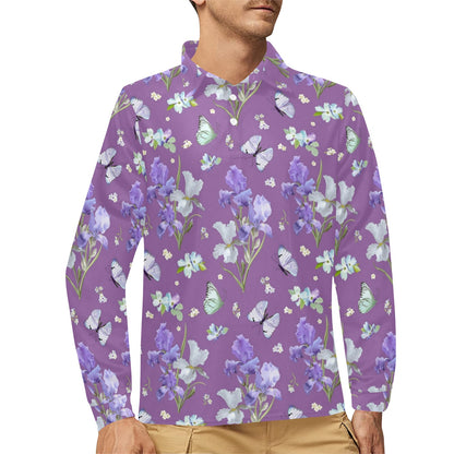 Iris Pattern Print Design IR09 Long Sleeve Polo Shirt For Men's