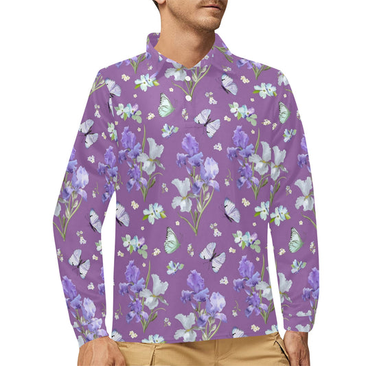 Iris Pattern Print Design IR09 Long Sleeve Polo Shirt For Men's