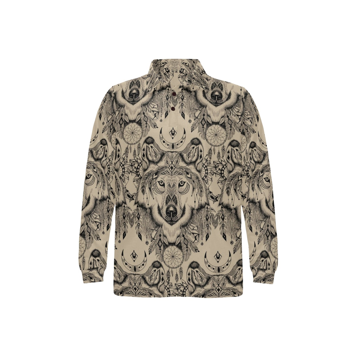 Indian Boho Wolf Long Sleeve Polo Shirt For Men's