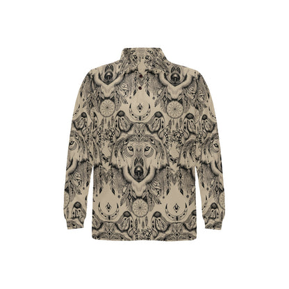 Indian Boho Wolf Long Sleeve Polo Shirt For Men's