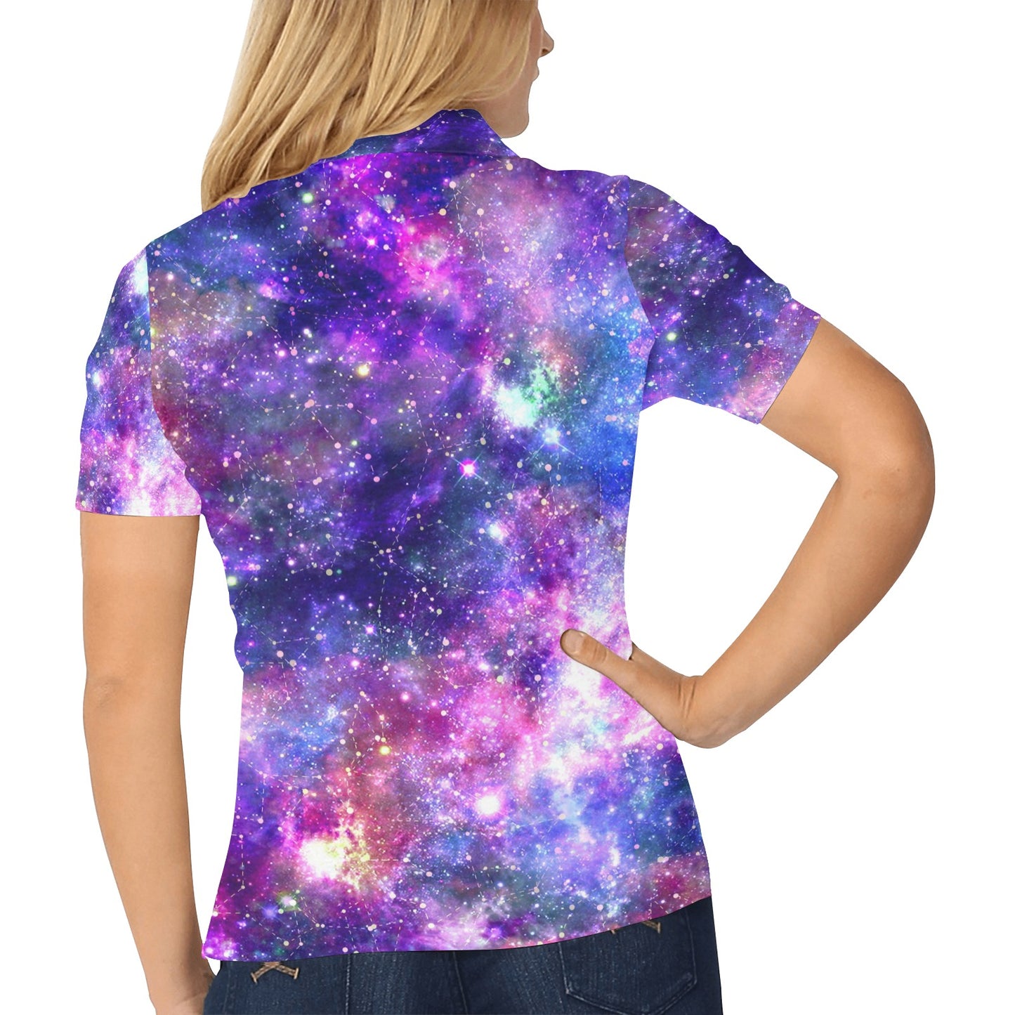 Galaxy Night Stardust Space Print Women's Polo Shirt