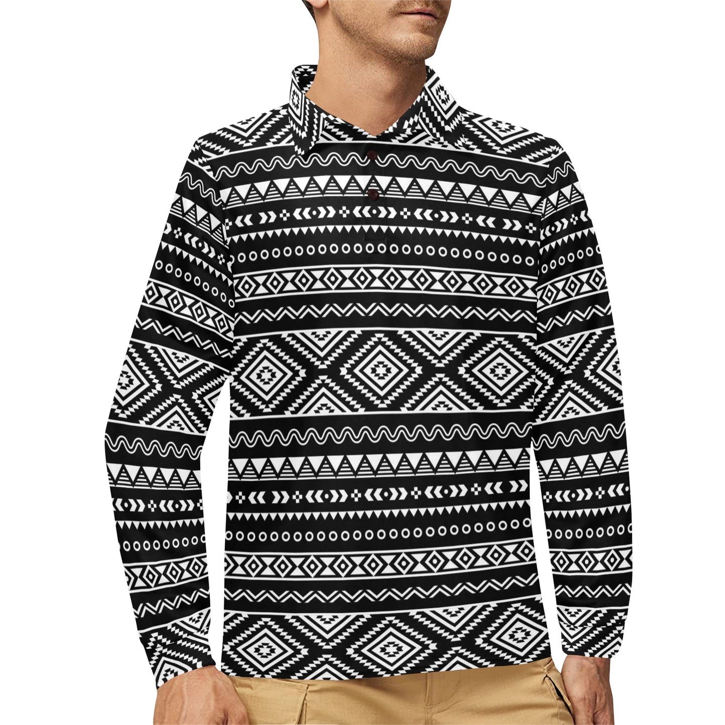 Tribal Pattern Print Design LKS301 Long Sleeve Polo Shirt For Men's