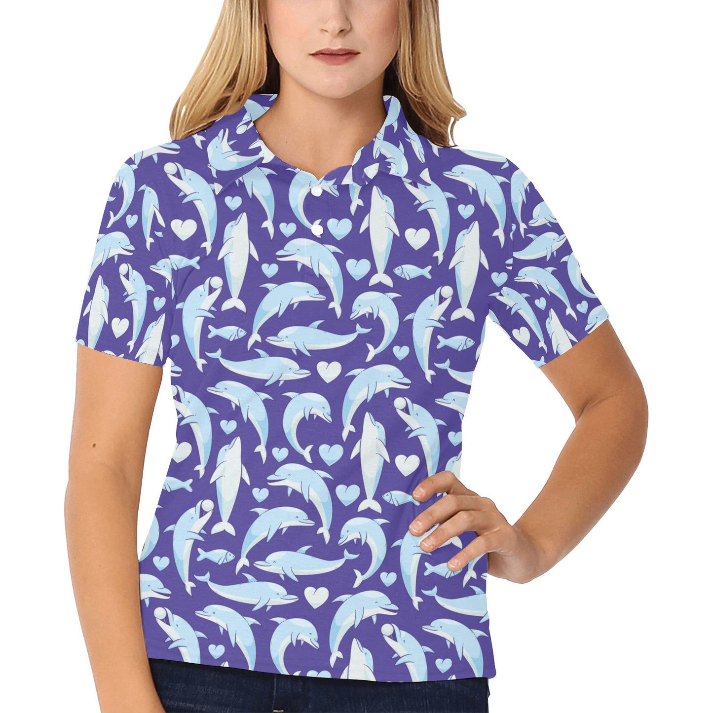 Dolphin Smile Print Pattern Women's Polo Shirt