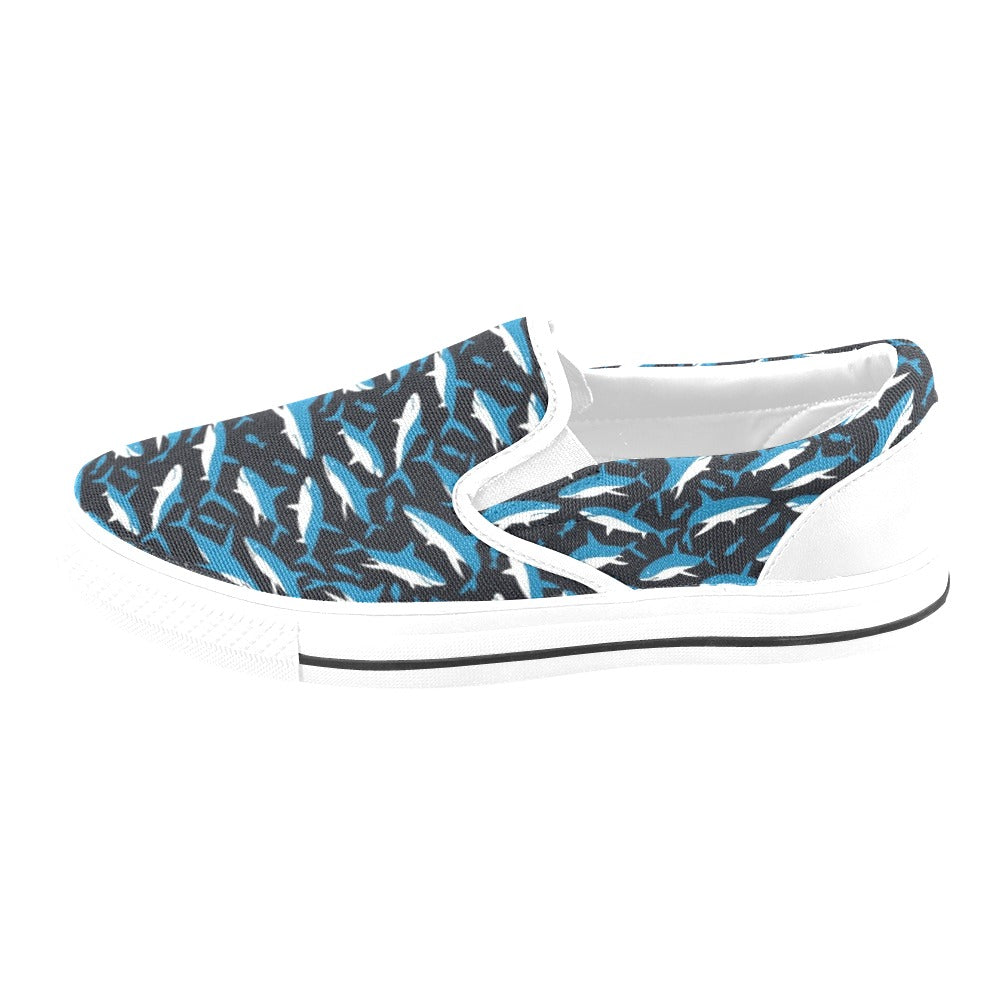 Shark Print Design LKS303 White Slip Ons Canvas Women's Shoes