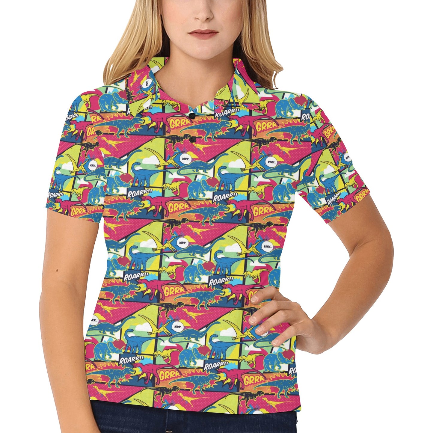 Dinosaur Comic Pop Art Style Women's Polo Shirt