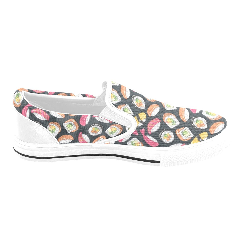Sushi Print Design LKS306 White Slip Ons Canvas Women's Shoes