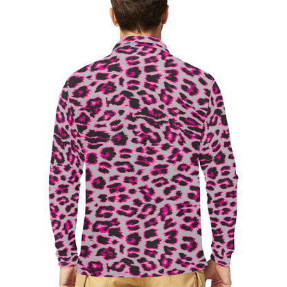Leopard Pattern Print Design 02 Long Sleeve Polo Shirt For Men's