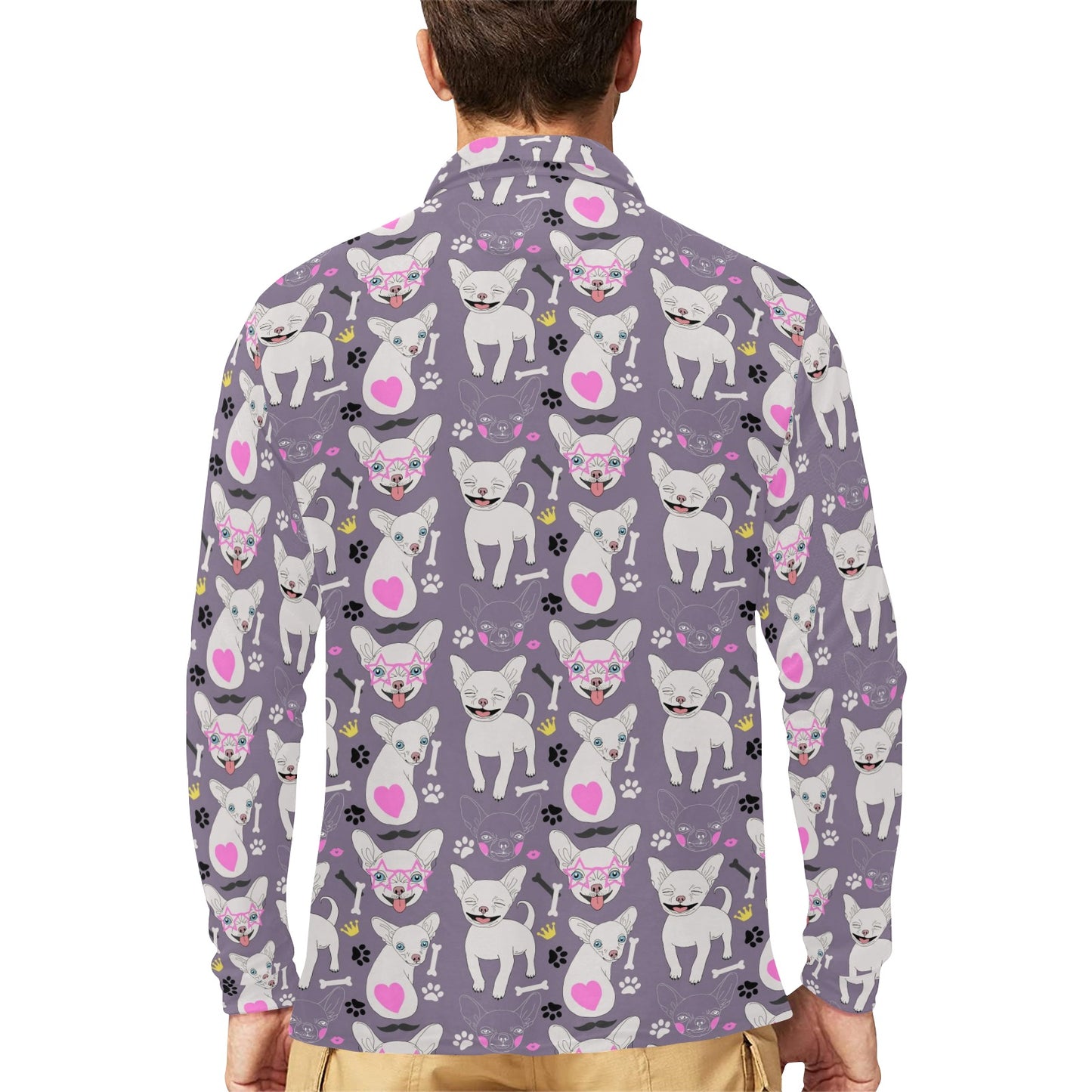 Chihuahua Happy Pattern Long Sleeve Polo Shirt For Men's