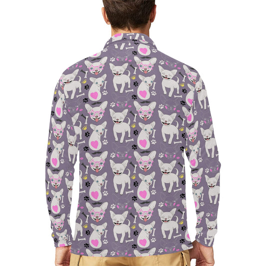 Chihuahua Happy Pattern Long Sleeve Polo Shirt For Men's