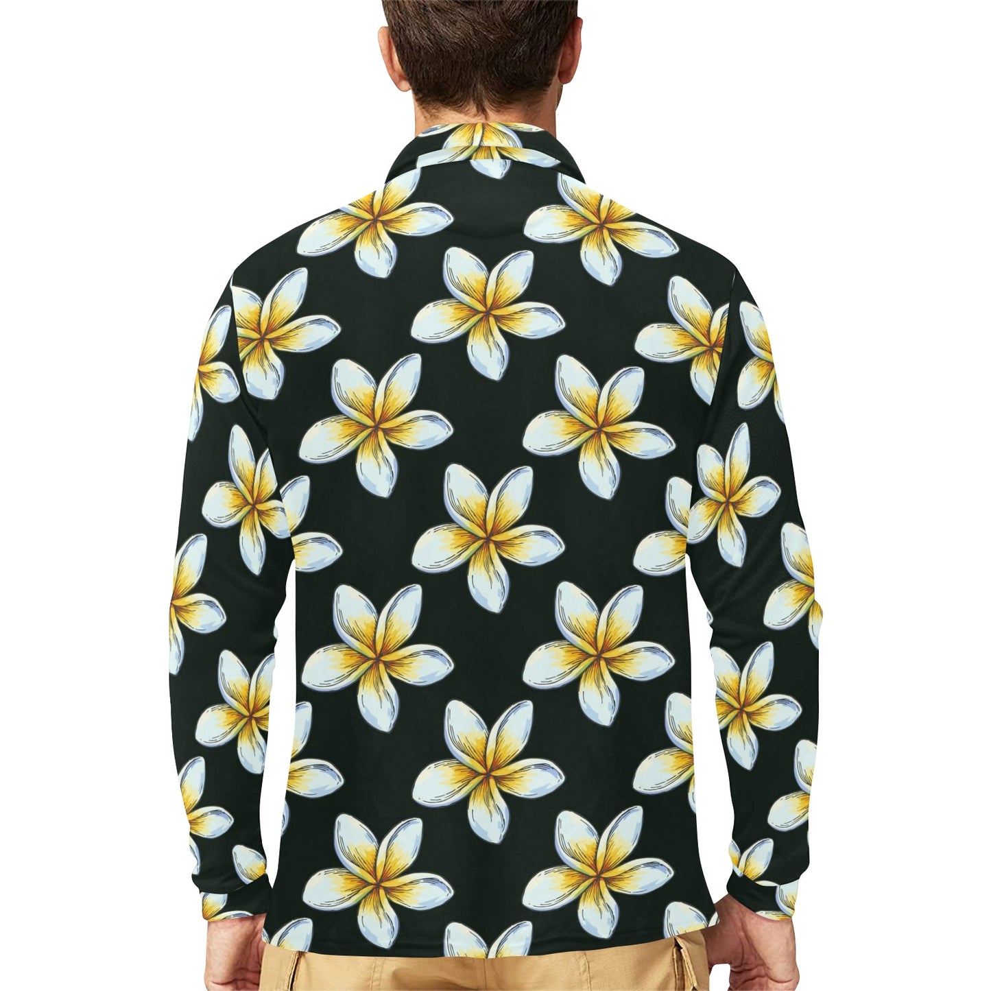 White Plumeria Pattern Print Design PM022 Long Sleeve Polo Shirt For Men's