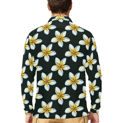 White Plumeria Pattern Print Design PM022 Long Sleeve Polo Shirt For Men's