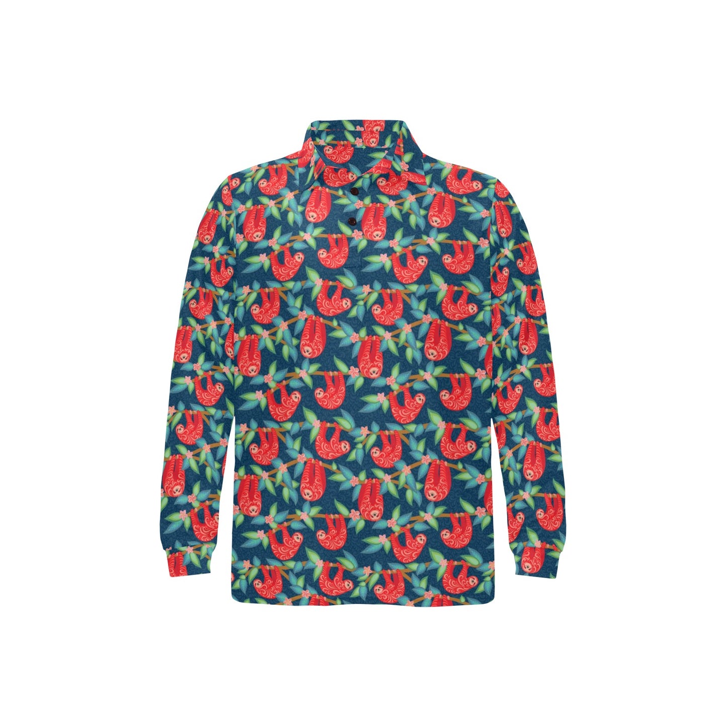 Sloth Red Design Themed Print Long Sleeve Polo Shirt For Men's