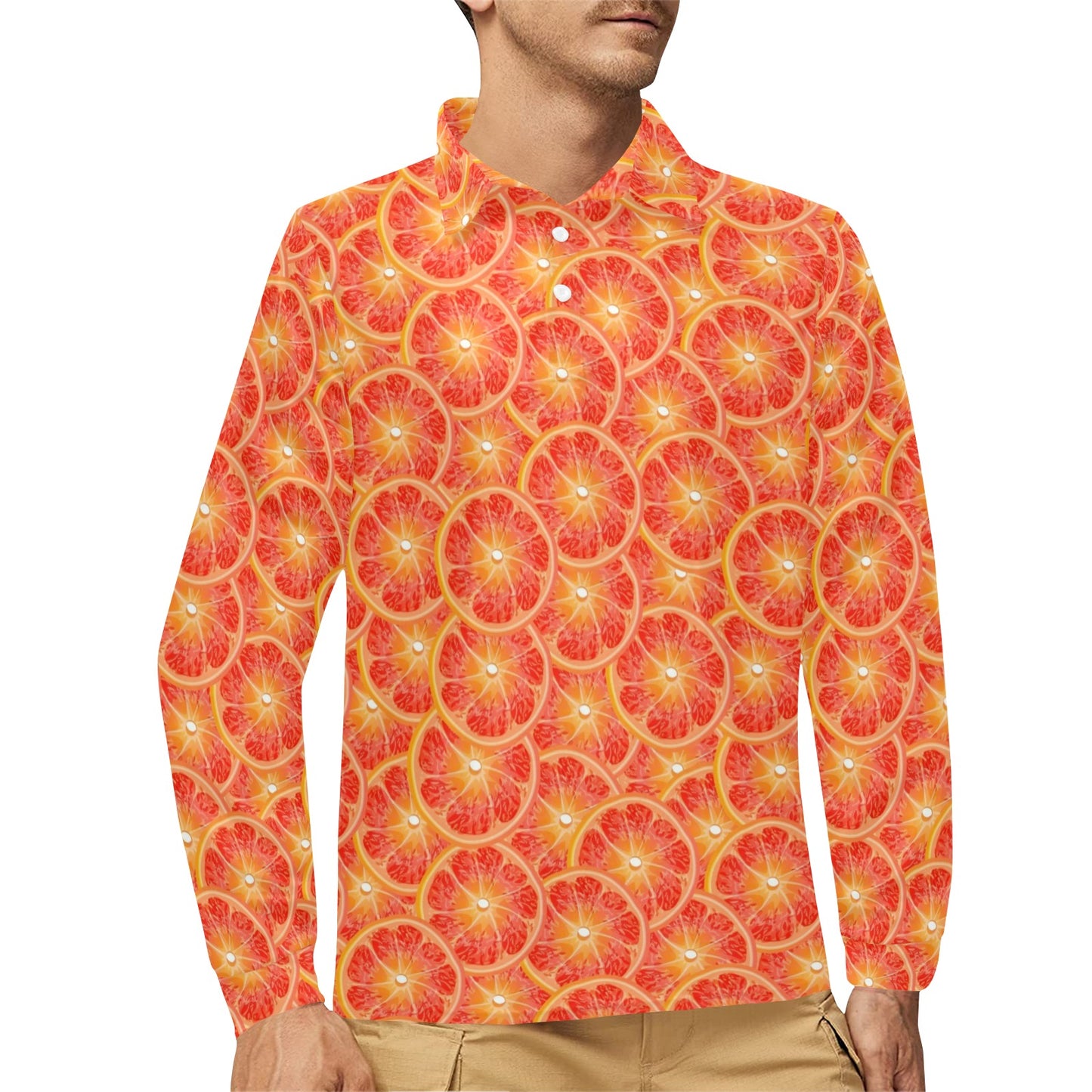 Grapefruit Pattern Print Design GF06 Long Sleeve Polo Shirt For Men's