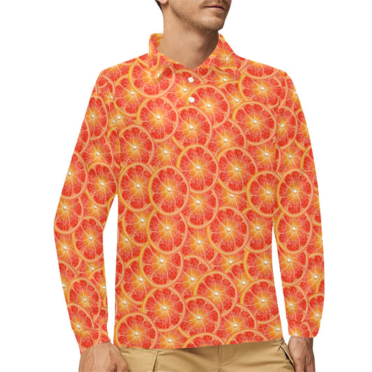 Grapefruit Pattern Print Design GF06 Long Sleeve Polo Shirt For Men's